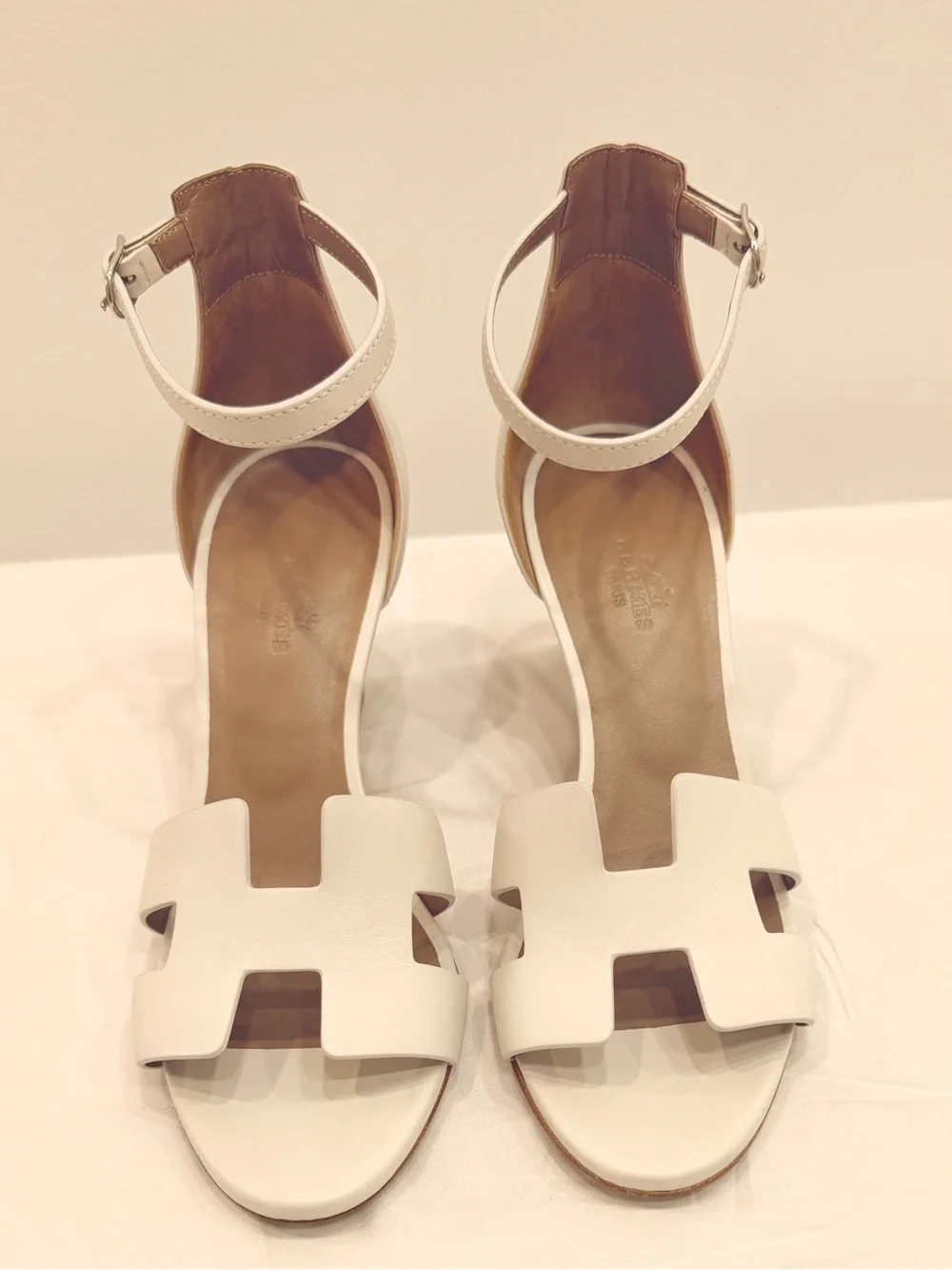 Hermes Legend Leather H Sandal Wedges - White Calfskin - Size 37 US 6.5